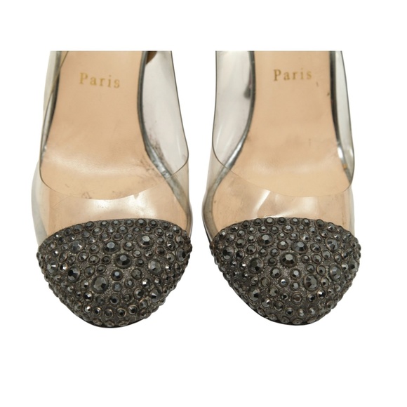 CHRISTIAN LOUBOUTIN Slingback Pumps PVC Crystals Pewter Leather Heels Cap Toe 38 - Picture 6 of 16